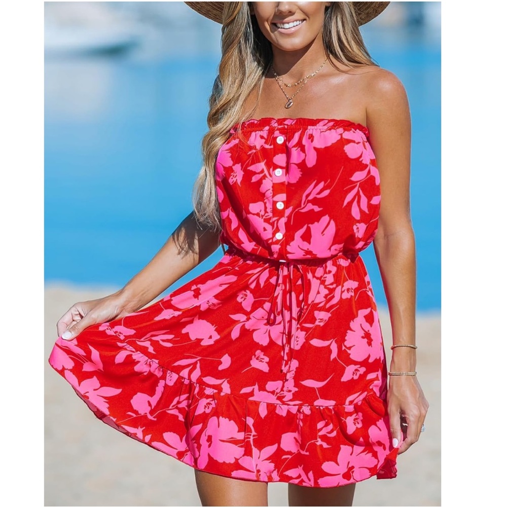 Cupshe The Fuchsia Floral Elastic Tie Waist Mini Tube Dress